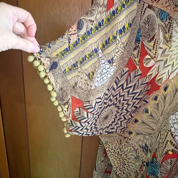 Umgee USA Cardigam Womens S/M Kimono Tribal Pom Pom Trim Sheer Open Boho Artsy - Picture 2 of 14